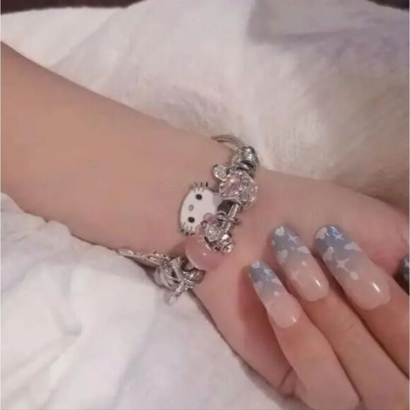 Hello Kitty Charm Pendant Silver & Pink Tone Bangle Bracelet - Picture 2 of 5